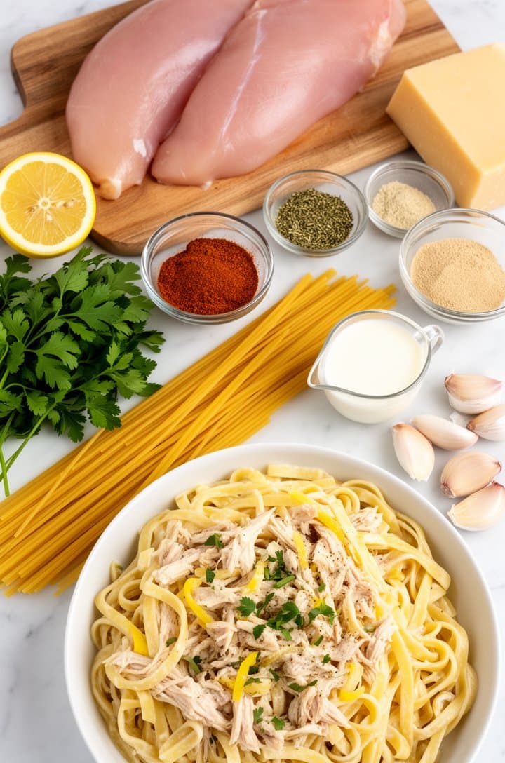 Overhead flat-lay of all lemon chicken pasta ingredients arranged on a white marble countertop: raw chicken breasts on a wooden cutting board, a halved lemon, small glass bowls of smoked paprika, oregano, garlic powder, onion powder, a block of parmesan cheese, bundle of fresh flat-leaf parsley, dried fettuccine fanned out, a small pitcher of heavy cream, six garlic cloves, a yellow onion halved, bright even natural lighting from above, clean styled food photography