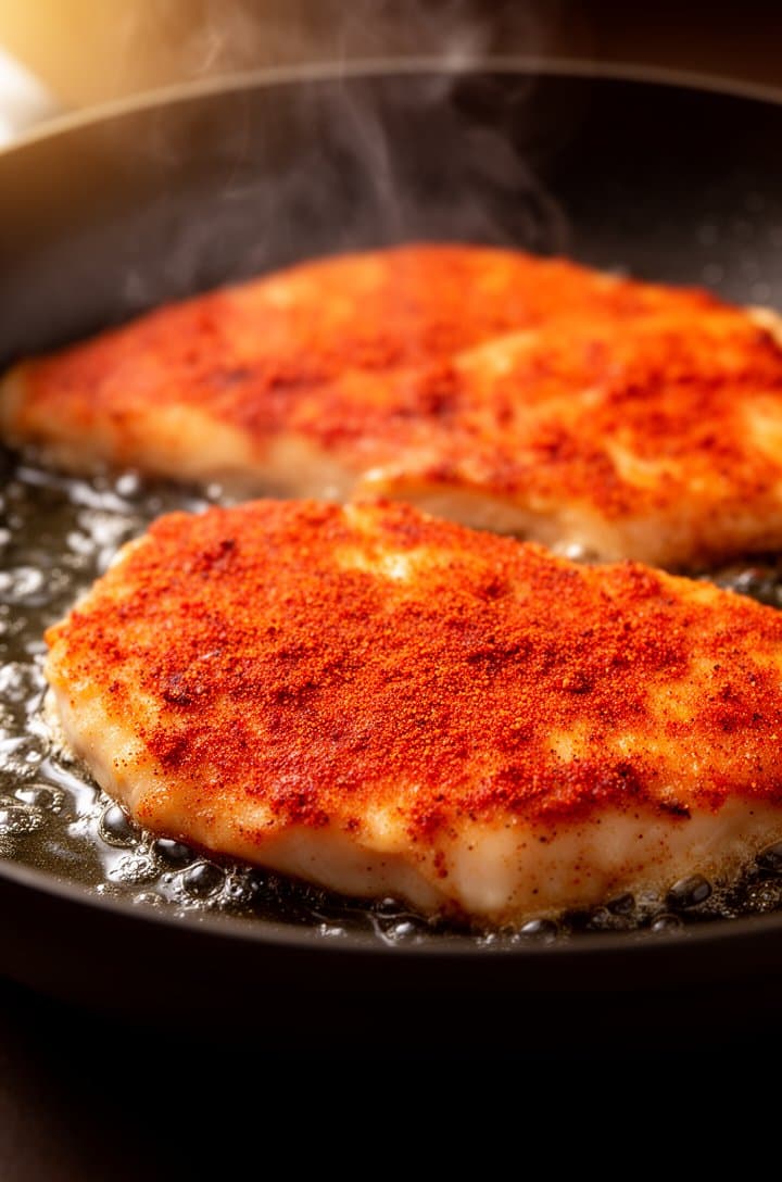 Close-up side-angle shot of chicken cutlets searing in a hot dark skillet, the bottom side showing a deep golden-brown paprika-spiced crust while the top side is still raw with visible red-orange spice coating, oil sizzling around the edges, small wisps of steam rising, warm dramatic lighting from the left side, shallow depth of field focused on the crust detail