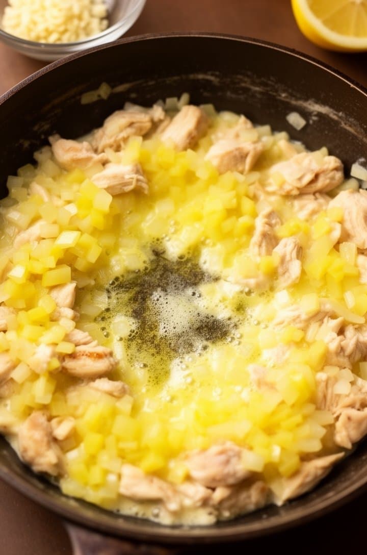 Overhead close-up of diced yellow onions cooking in melted butter in the same dark skillet, turning translucent and golden at the edges with bits of chicken fond visible in the pan, minced garlic about to be added from a small prep bowl at the edge of frame, warm kitchen lighting