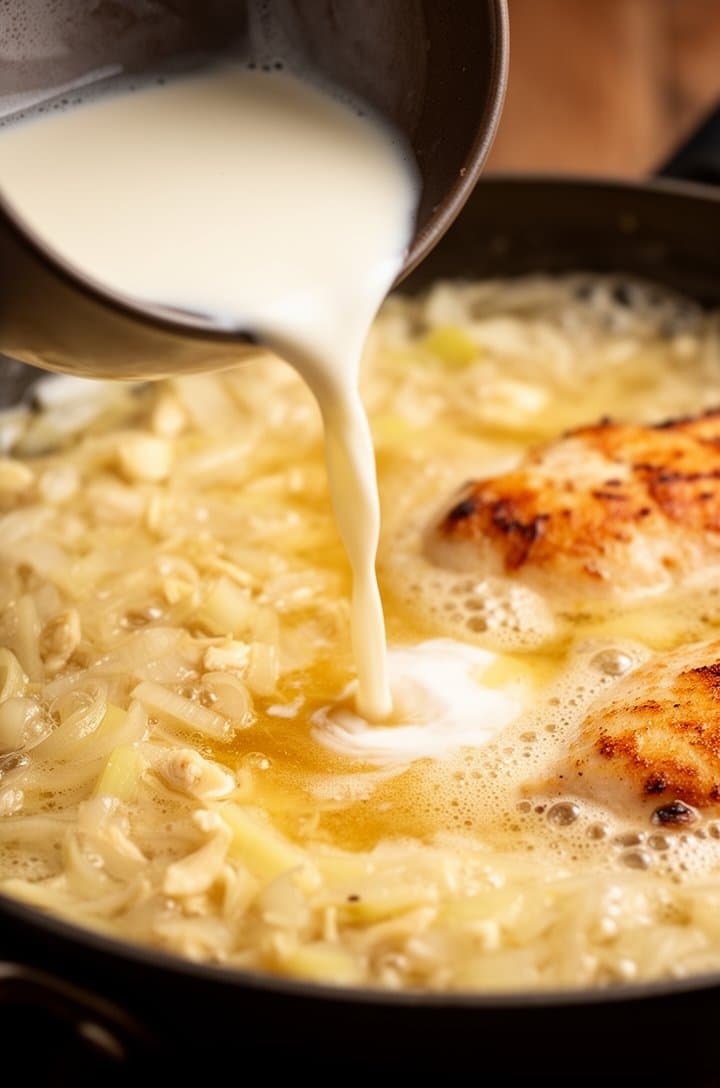 45-degree angle shot of heavy cream and chicken broth being poured into the skillet with the cooked onions and garlic, the liquid pooling and mixing with the aromatics, golden chicken fond dissolving into the cream creating a slightly amber tint, bubbles beginning to form at the edges as it comes to a simmer, warm side lighting