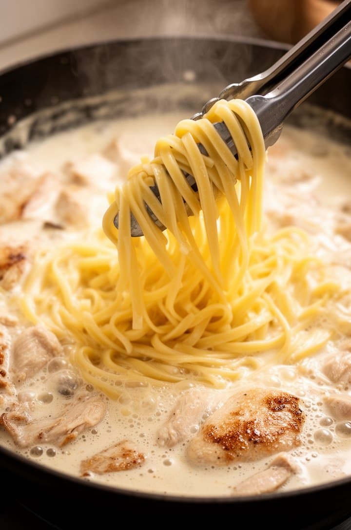 Action shot from above of al dente fettuccine being added to the skillet of cream sauce with tongs, the pasta strands dropping into the bubbling ivory sauce, some strands already coated and glistening, starchy pasta water splashing slightly, steam rising, warm natural kitchen lighting