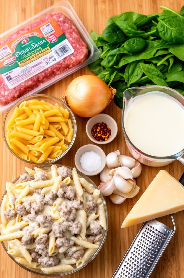 Overhead flat-lay of all ingredients for creamy sausage pasta arranged on a warm natural wood surface — raw ground Italian sausage in packaging, dried penne pasta in a glass bowl, halved yellow onion, garlic cloves, small pinch bowls of red pepper flakes and salt, a measuring cup of heavy cream, a pile of fresh baby spinach, and a wedge of Parmesan cheese with a microplane grater, bright natural window lighting from the upper left, clean organized arrangement