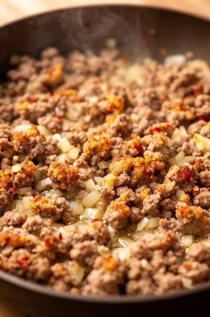 Close-up 45-degree angle of Italian sausage crumbling and browning in a large skillet, golden-brown crispy bits forming on the meat, minced onion turning translucent between sausage pieces, minced garlic visible, small red pepper flakes dotting the mixture, rendered fat glistening, warm side lighting with gentle steam