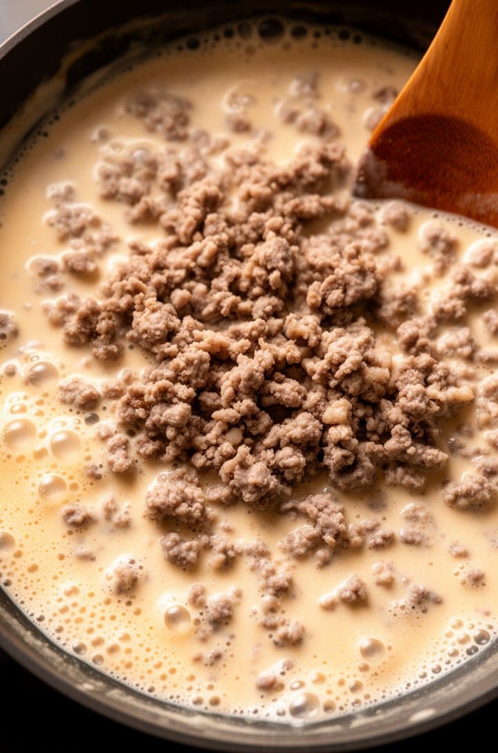 Overhead shot of heavy cream simmering gently in the skillet with the cooked sausage mixture, tiny bubbles forming around the edges of the pan, cream turning a light golden beige as it absorbs the sausage flavor, wooden spoon resting on the pan edge, warm amber tones