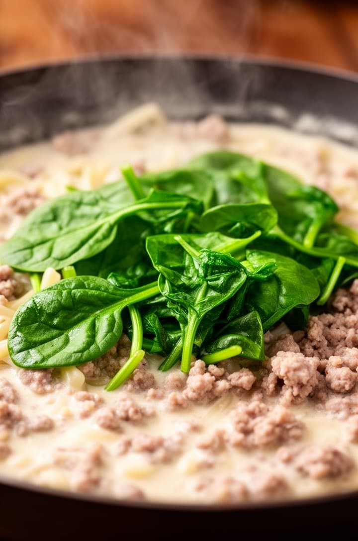 45-degree angle close-up of bright green baby spinach leaves wilting into the cream sauce in the skillet, half the leaves still vivid green while others have softened into the pale sauce, crumbled sausage visible beneath, steam rising, shallow depth of field with warm kitchen lighting