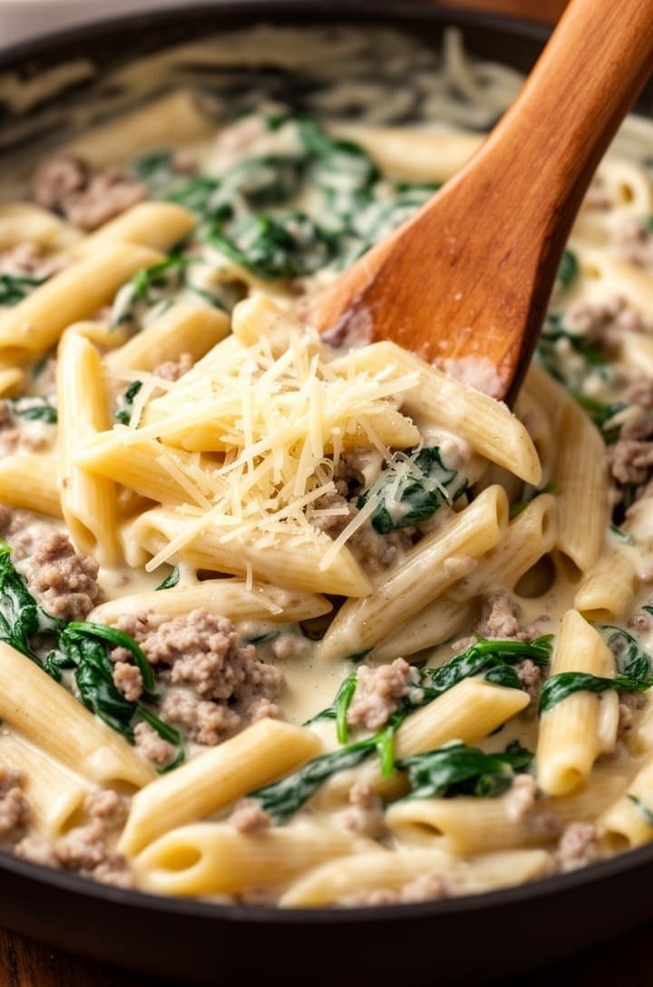 Close-up overhead of penne pasta being tossed into the creamy sausage and spinach sauce in the skillet, wooden tongs lifting pasta coated in glossy cream sauce, Parmesan melting into the mixture, vibrant green spinach distributed throughout, warm natural lighting highlighting the glossy sauce coating each tube