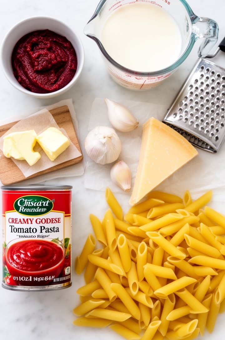 Overhead flat-lay of all creamy tomato pasta ingredients arranged on white marble — a small bowl of dark red tomato paste, glass measuring cup of heavy cream, three whole garlic cloves on a tiny wooden board, a wedge of Parmesan cheese with a fine grater, two tablespoons of butter on parchment paper, a 14oz can of tomato sauce, and a pile of uncooked penne rigate, bright diffused natural window light, clean minimal food blog styling