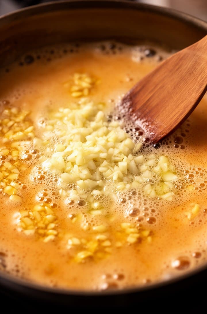 Close-up of minced garlic sautéing in foaming melted butter in a large skillet, tiny golden garlic pieces scattered across the amber butter surface, small bubbles forming around each piece, a wooden spatula resting at the edge, warm side lighting creating a golden glow, shallow depth of field focusing on the center of the pan