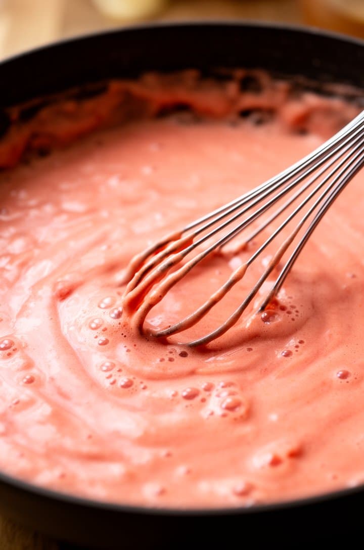 Side-angle shot of the skillet showing the thick creamy tomato rosa sauce simmering gently, salmon-pink color with a glossy surface, small bubbles breaking at the edges, a whisk resting in the sauce showing the silky consistency, warm kitchen lighting, shallow depth of field with the far edge of the skillet blurred