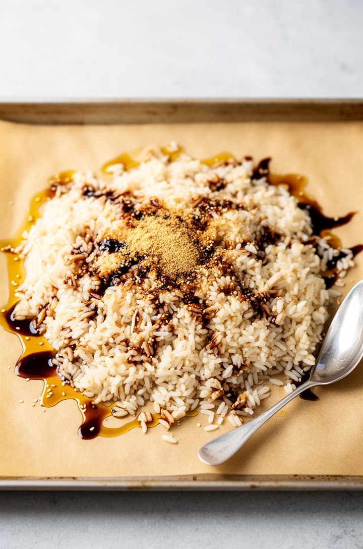 Overhead shot of cold cooked white rice spread in a pile on the center of a parchment-lined sheet pan, drizzled with amber sesame oil and dark coconut aminos, garlic powder sprinkled on top, a silver spoon resting beside the rice pile, bright even kitchen lighting on a light gray countertop