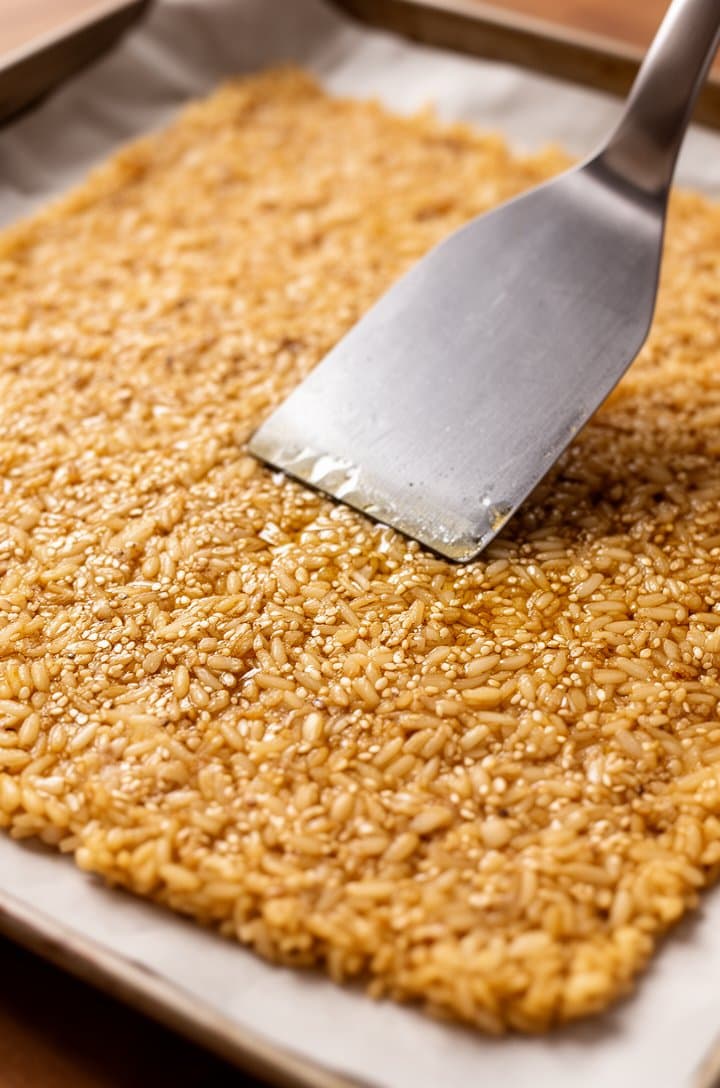 Close-up of seasoned rice pressed into a thin even layer on a parchment-lined sheet pan, the back of a metal spatula pressing it flat, showing the thin uniform slab of rice coated in sesame oil with a slight sheen, natural lighting from above