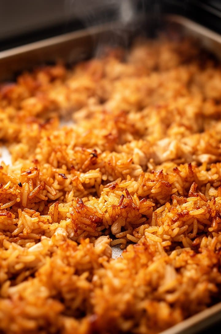 45-degree angle close-up of golden-brown crispy rice on a sheet pan after baking, broken into jagged crunchy clusters with caramelized edges, some pieces flipped to show the darker golden underside, steam still rising slightly, warm oven lighting