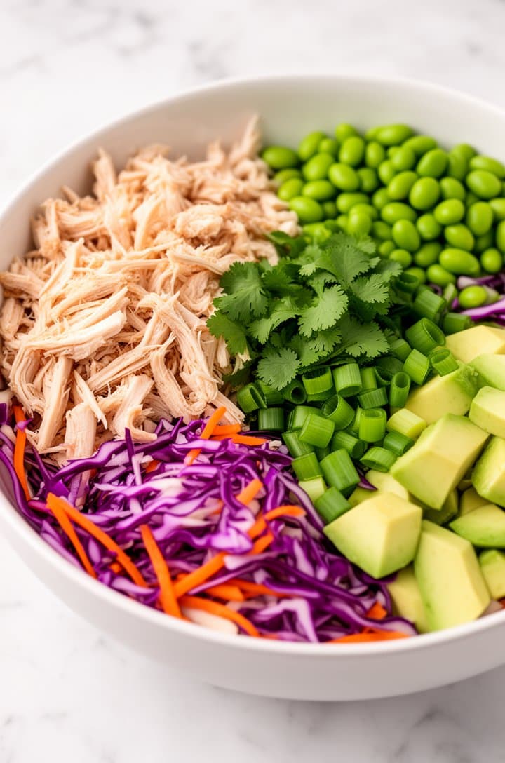 Side angle shot of a large white salad bowl being assembled — coleslaw mix with purple cabbage and orange carrots as the base, shredded chicken piled on one side, bright green edamame on another, diced pale-green avocado, fresh cilantro leaves, and sliced green onions arranged in sections before tossing, natural daylight, clean white marble background