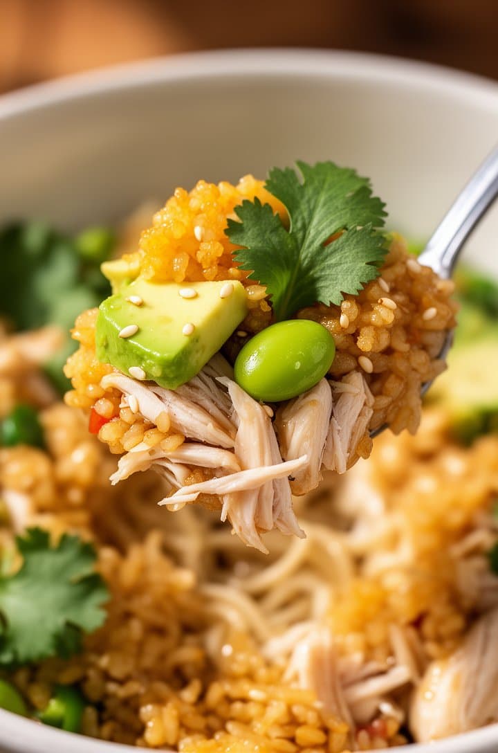 Extreme close-up of a forkful of crispy rice salad lifted from the bowl, showing a perfect bite with a golden crispy rice cluster, a piece of avocado, shredded chicken, an edamame bean, and a cilantro leaf, glistening with sesame ginger dressing, the blurred bowl visible in the background, shallow depth of field, warm natural light from the side