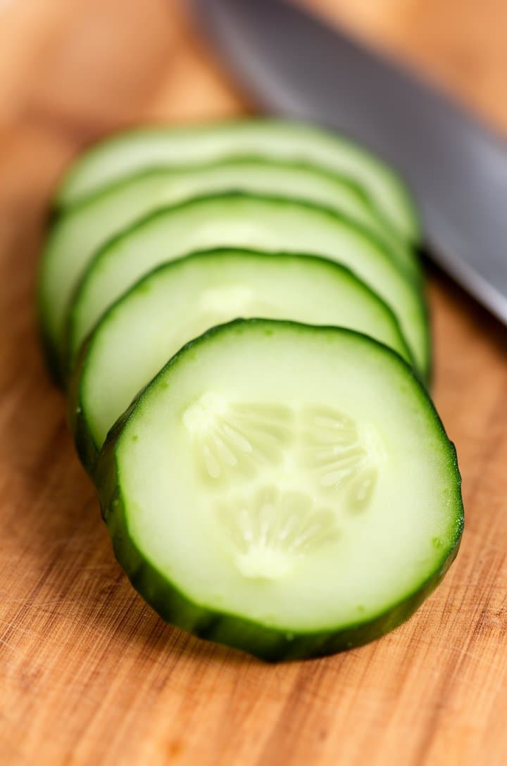 Close-up of freshly sliced cucumber half-moons fanned out on a wooden cutting board, each slice showing the pale green translucent center with small seeds and the darker green skin edge, knife blade visible at the edge of frame, soft natural side lighting