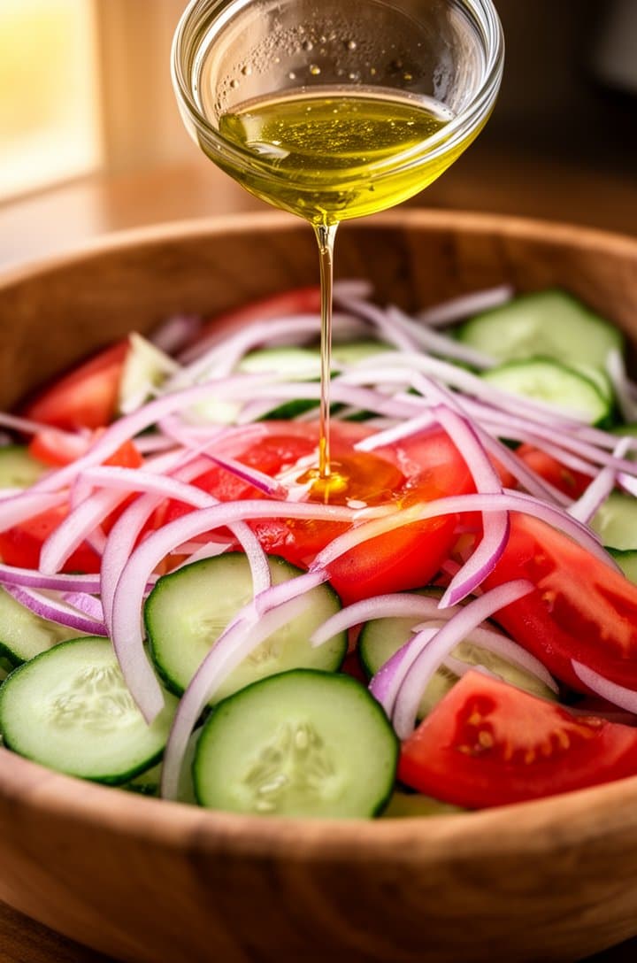 Overhead shot of a large wooden bowl filled with sliced cucumbers, red tomato wedges, and thin red onion rings, a small glass bowl of golden olive oil vinaigrette being poured over the top, dressing caught mid-stream, warm kitchen lighting from the left