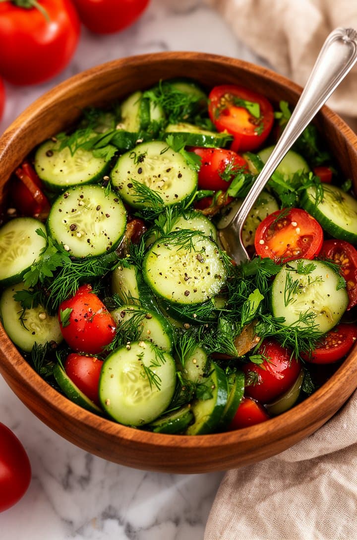 Extreme close-up overhead of the finished cucumber tomato salad in a wooden bowl on a marble surface, every piece glistening with vinaigrette, fresh chopped dill and parsley visible, cracked black pepper scattered on top, a silver serving spoon resting in the salad, whole tomatoes and a linen napkin blurred at the edges of frame, warm natural side lighting