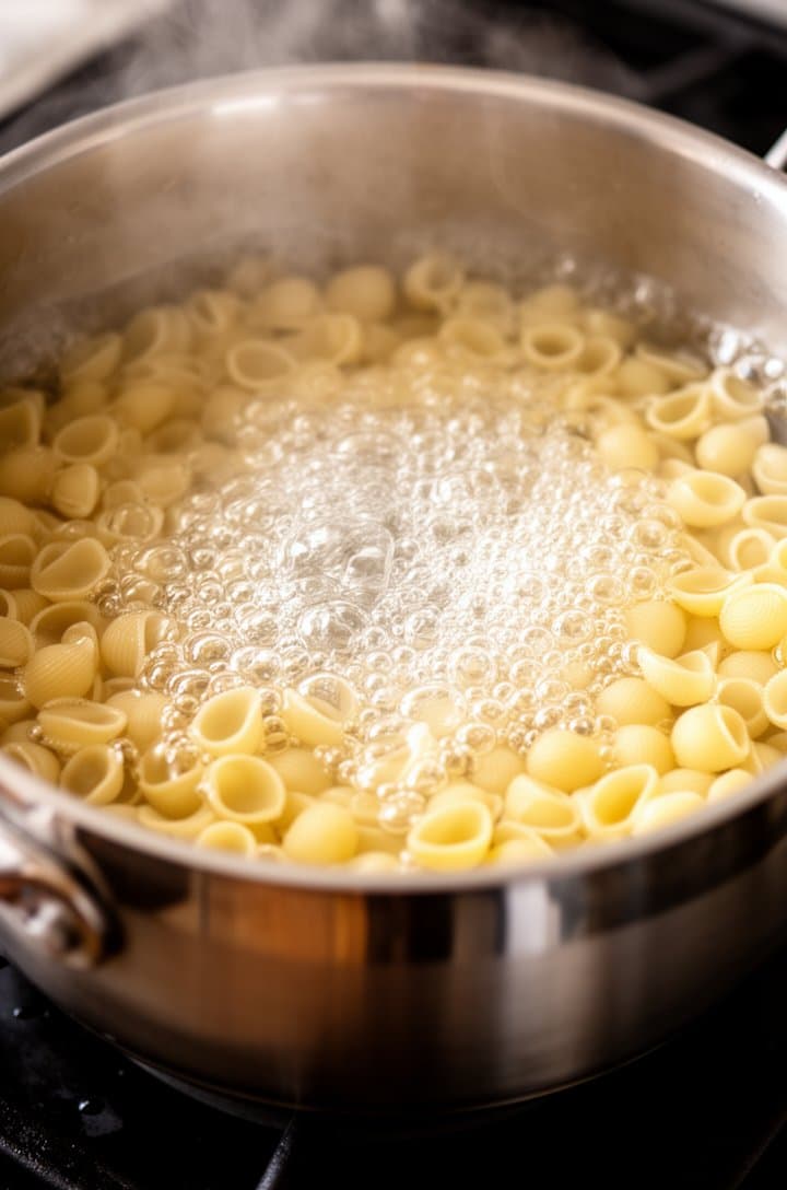 Overhead shot of dry medium shell pasta poured into a large pot of rapidly boiling salted water, bubbles surrounding the pale shells as they begin to soften, stainless steel pot on a dark stovetop, steam rising, bright overhead kitchen lighting, tight crop on the pot opening