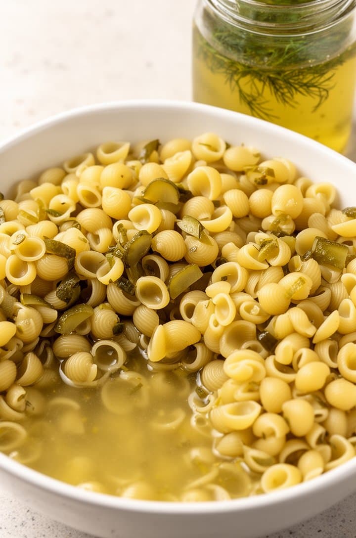 Close-up of cooked and rinsed medium shell pasta in a white mixing bowl with pale golden pickle juice pooling at the bottom, the shells look plump and slightly translucent, a glass jar of pickle juice with floating dill visible in the background, natural side lighting on a light countertop