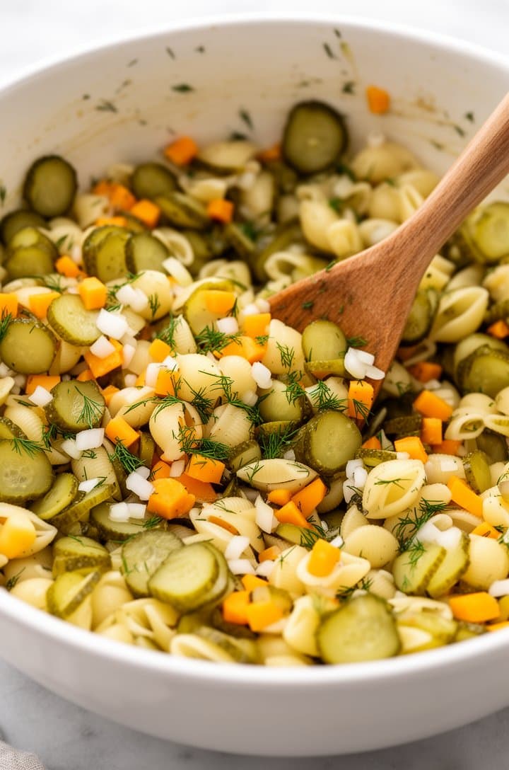 45-degree angle shot of the large white mixing bowl mid-toss — cooked shell pasta with sliced dill pickle rounds, small orange cheddar cheese cubes, minced white onion pieces, and chopped fresh dill being folded together with a wooden spoon, no dressing yet, the variety of colors and textures clearly visible, bright natural window lighting