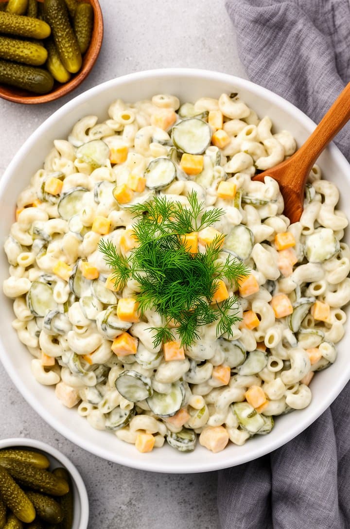 Overhead shot of the finished dill pickle pasta salad in a large white serving bowl with a wooden spoon, every shell generously coated in creamy white dressing, pickle rounds and cheddar cubes evenly distributed, fresh dill garnish on top, a small wooden bowl of whole baby dill pickles in the corner, grey linen napkin on the side, light concrete surface, professional styled food photography
