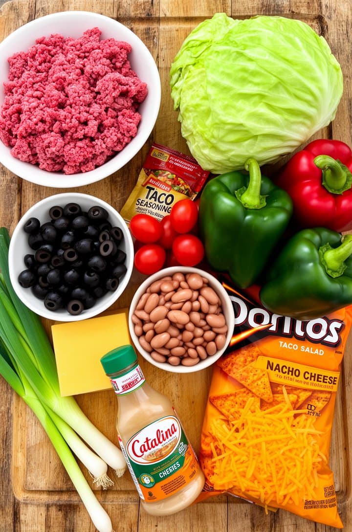 Overhead flat-lay of all dorito taco salad ingredients neatly arranged on a rustic wooden cutting board — raw ground beef in a white bowl, taco seasoning packet, whole head of iceberg lettuce, red and green bell peppers, black olives in a small dish, canned pinto beans, cherry tomatoes, green onion bunch, block of cheddar with shreds, bag of Nacho Cheese Doritos, bottle of Catalina dressing. Bright even natural lighting from above, organized colorful mise en place, clean food blog style