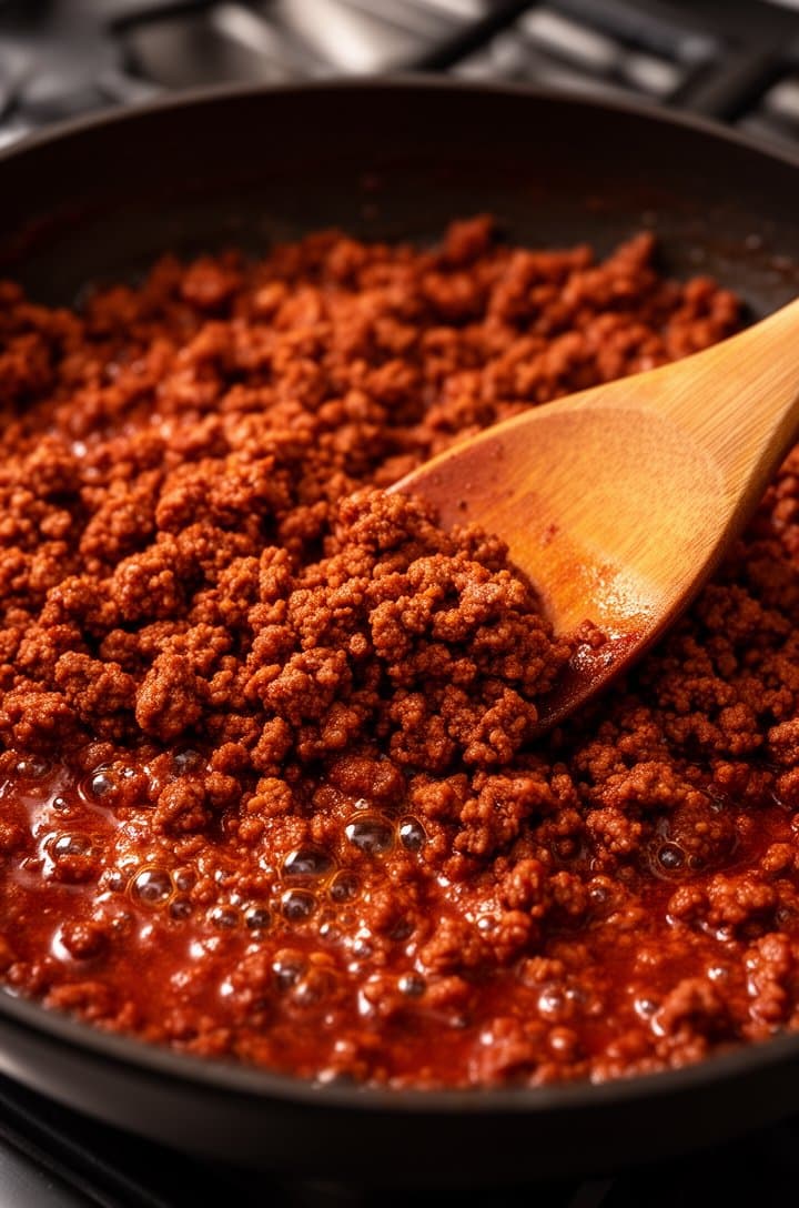 Close-up 45-degree angle of seasoned taco ground beef cooking in a dark skillet, small crumbles coated in rich reddish-brown sauce, wooden spoon breaking up the meat, tiny bubbles in the thickened sauce around the edges, warm side lighting from the left casting soft shadows, blurred stovetop background, appetizing and realistic