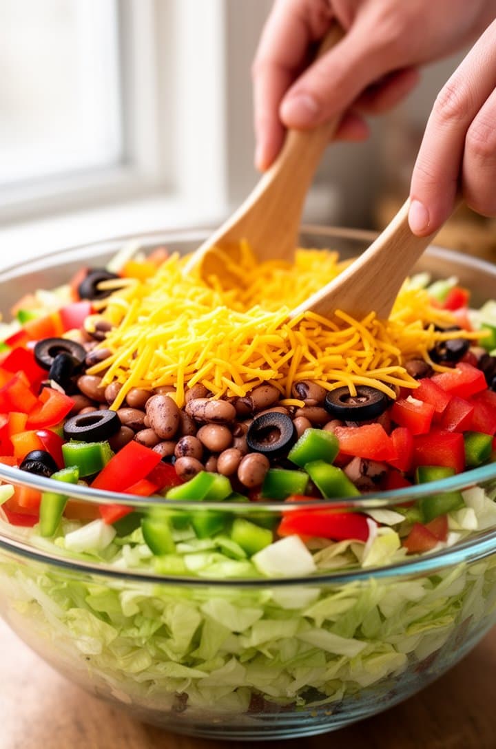 Side-angle shot of a large clear glass bowl being assembled — crisp chopped iceberg lettuce on the bottom, topped with colorful layers of diced red and green bell peppers, sliced black olives, drained pinto beans, diced red tomatoes, and shredded yellow cheddar cheese. A hand reaching in to toss with wooden salad servers, natural window lighting, bright and fresh looking, shallow depth of field