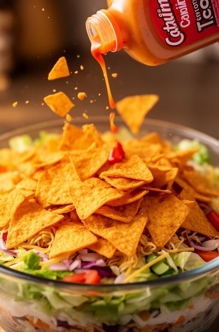 Close-up of golden-orange Nacho Cheese Doritos being crushed and scattered over the top of the assembled taco salad in a glass bowl, Catalina dressing being drizzled from a bottle creating an orange-red stream, the colorful salad layers visible beneath, warm side lighting, dynamic action shot with falling chip fragments, appetizing food photography