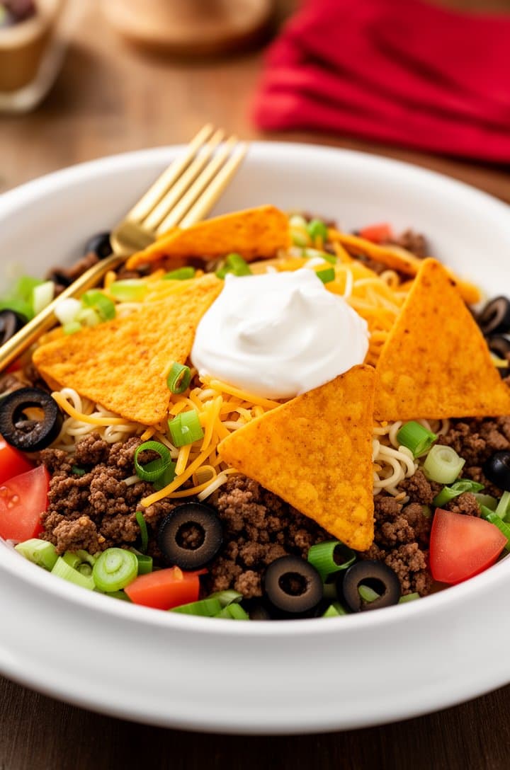 Final plated Dorito taco salad served in a wide white ceramic bowl at a 45-degree angle, piled high with all components visible — orange Doritos on top, seasoned beef, shredded cheese, black olives, tomatoes, green onions, dollop of sour cream in the center, a gold fork resting on the edge. Warm natural side lighting, shallow depth of field with blurred table setting and a red napkin in the background, professional food blog hero style