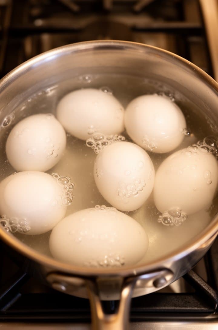 Overhead shot of a medium saucepan on a stovetop with 8 whole eggs submerged in water, just beginning to show tiny bubbles forming on the shell surfaces as the water heats up. Stainless steel saucepan on a dark burner grate, warm kitchen lighting, clean and simple composition