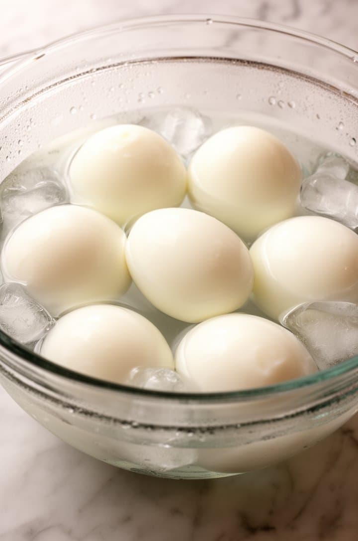 Close-up of 8 peeled hard-boiled eggs in an ice bath — clear glass bowl filled with ice cubes and cold water, the smooth white eggs visible through the water, condensation on the outside of the bowl. Bright natural overhead lighting on a light marble countertop
