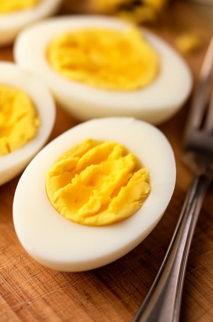 Tight close-up of halved hard-boiled eggs on a wooden cutting board, showing the perfectly cooked bright yellow yolks with no grey-green ring, the smooth firm whites cleanly cut. A fork rests beside them. Warm side lighting highlighting the golden yolk color