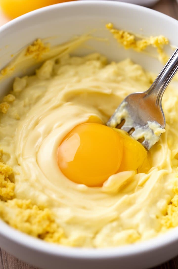 Close-up of a fork mashing golden egg yolks mixed with mayonnaise and mustard in a white bowl, showing the smooth creamy pale yellow mixture with a glossy sheen. Some unmashed yolk crumbles still visible at the edges. Overhead angle, bright natural lighting