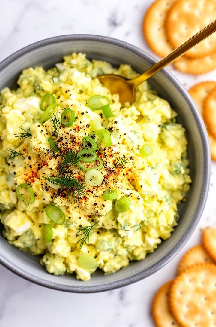 Overhead shot of the finished egg salad in a shallow grey ceramic serving bowl with a golden spoon resting in it, topped with freshly cracked black pepper, a light dusting of paprika, sliced green onions, and tiny dill fronds. Butter crackers arranged beside the bowl on a white marble surface. Bright, airy natural lighting with soft shadows