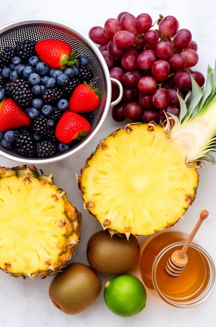 Overhead flat-lay of all fruit salad ingredients laid out on a white marble counter — a colander of washed strawberries, blueberries, and blackberries, a pile of red grapes, a whole pineapple cut in half showing the golden flesh, three whole brown kiwis, a lime, and a honey jar. Bright even natural lighting from a window, organized and colorful, clean food blog styling