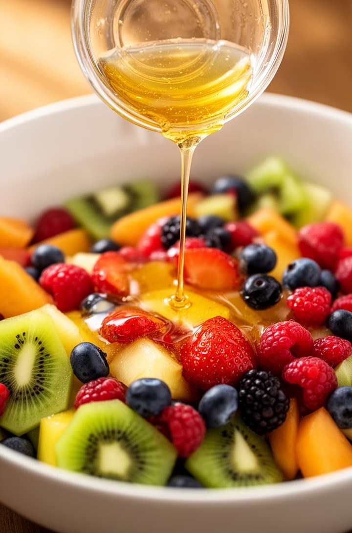 Action shot from above of honey lime dressing being poured from a small glass bowl over the mixed fruit salad in a large white serving bowl, the thin golden dressing catching the light as it drizzles over bright berries and kiwi slices, warm natural lighting, shallow depth of field