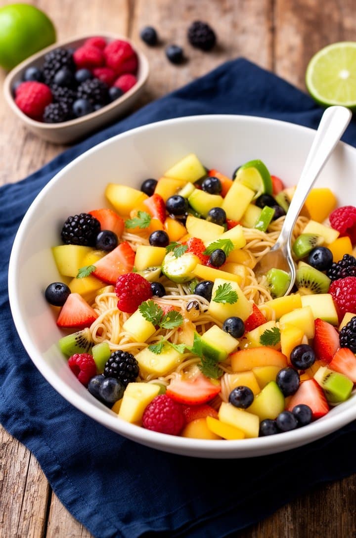 Final styled overhead shot of the completed fruit salad in a large white bowl with a serving spoon, set on a dark blue cloth napkin on a rustic wooden table, small bowls of extra berries and a halved lime arranged nearby, bright natural window lighting creating soft shadows, professional food photography composition