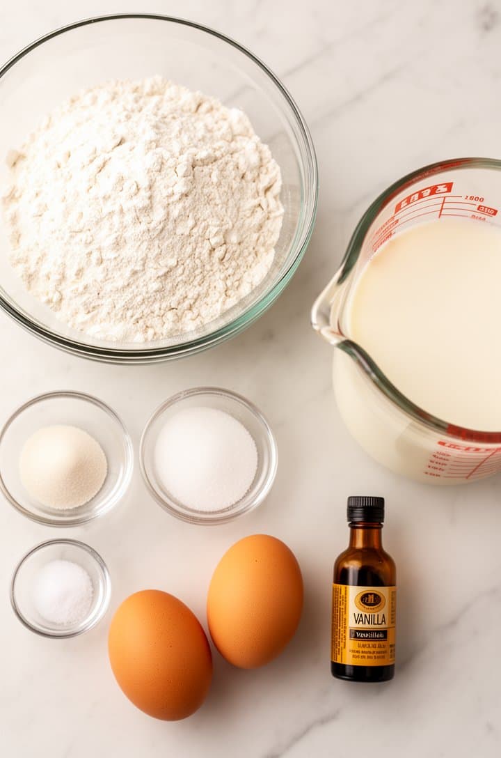 Overhead flat-lay of all funnel cake ingredients measured and arranged on a clean white marble surface — a glass bowl of white flour, small pinch bowls of sugar, baking powder, and salt, two whole eggs, a glass measuring cup of milk, and a small bottle of vanilla extract, bright even natural lighting, organized and inviting mise en place composition