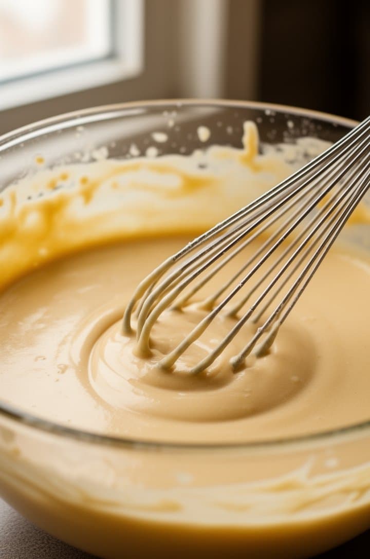 Close-up shot of smooth funnel cake batter being whisked in a glass mixing bowl, the batter thin and pourable with no visible lumps, a silver whisk resting in the bowl, a few drops of batter on the rim showing the flowing consistency, soft natural lighting from a nearby window