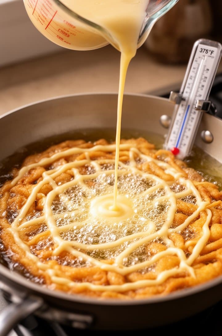 Action shot from above of batter being drizzled in a thin stream from a spouted measuring cup into hot oil in a medium saucepan, the batter forming a circular criss-cross lattice pattern as it hits the 375°F oil, golden bubbles forming immediately around each strand, candy thermometer clipped to the side of the pan