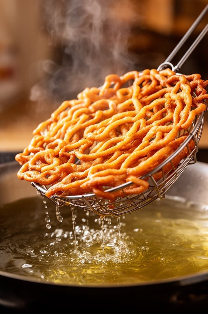 Side-angle close-up of a golden-brown funnel cake being lifted from the oil with a large spider strainer, oil dripping back into the pan, the lacy fried dough showing deep golden color on every strand, steam rising, warm amber tones throughout the image