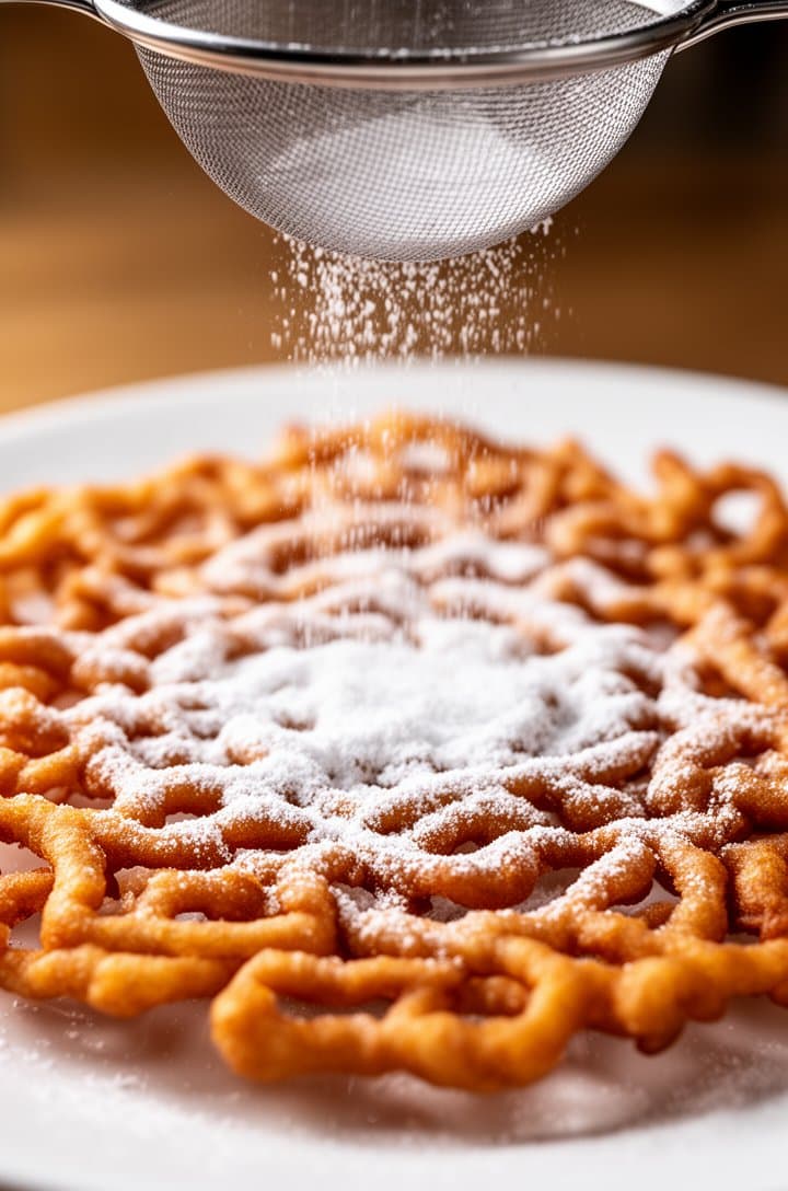 Close-up of a freshly fried funnel cake on a white plate being dusted with powdered sugar from a mesh sieve held just above, sugar settling into every groove and crevice of the lacy dough, the contrast of bright white sugar against deep golden fried batter, warm soft lighting