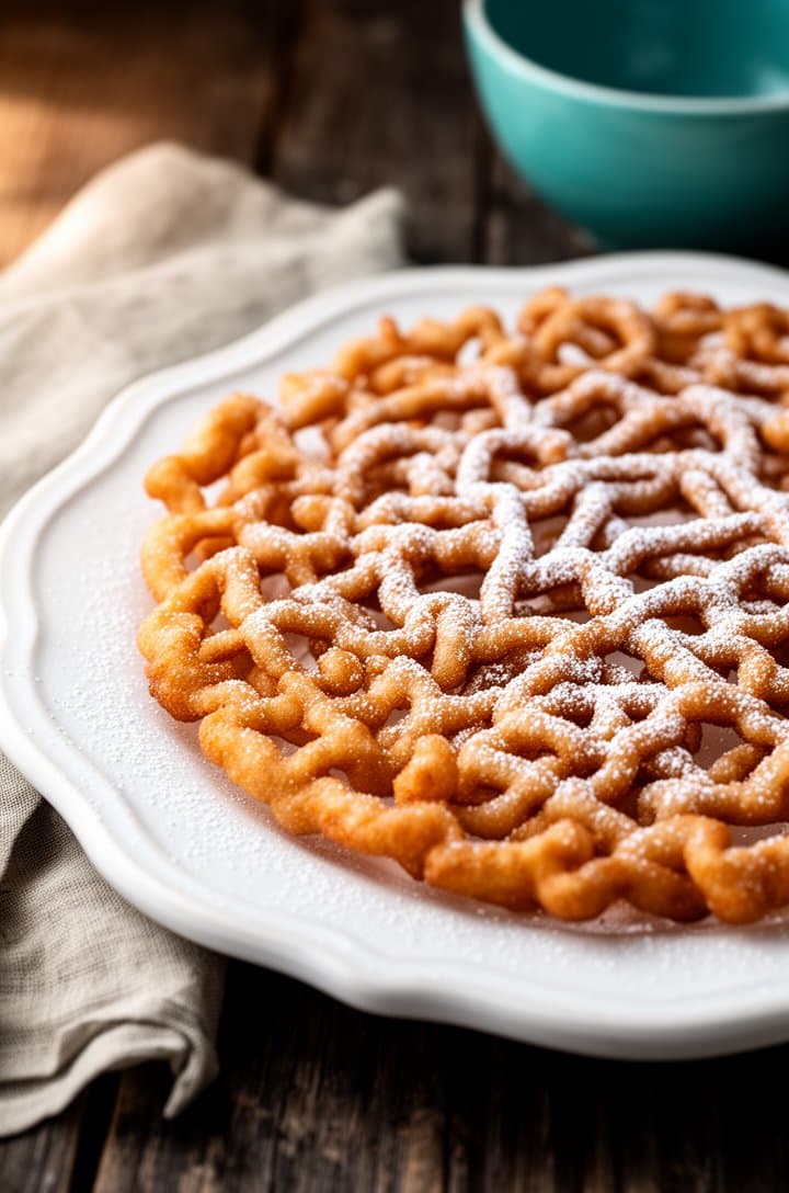 Final beauty shot at a 45-degree angle of a perfect funnel cake on a white scalloped ceramic plate, heavily dusted with powdered sugar, sitting on a rustic dark wood table with a folded linen napkin and a teal bowl in the soft background, warm natural side lighting, shallow depth of field, the intricate criss-cross pattern of golden fried dough clearly visible beneath the sugar