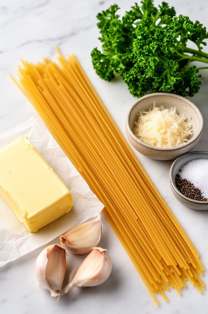 Overhead flat-lay of raw ingredients on a white marble countertop: a bundle of dried spaghetti lying diagonally, a stick of golden butter on parchment paper, three plump garlic cloves, a small ceramic bowl of freshly grated parmesan, a sprig of bright green curly parsley, tiny bowls of salt and black pepper, bright even natural lighting, clean minimal styling with small shadows