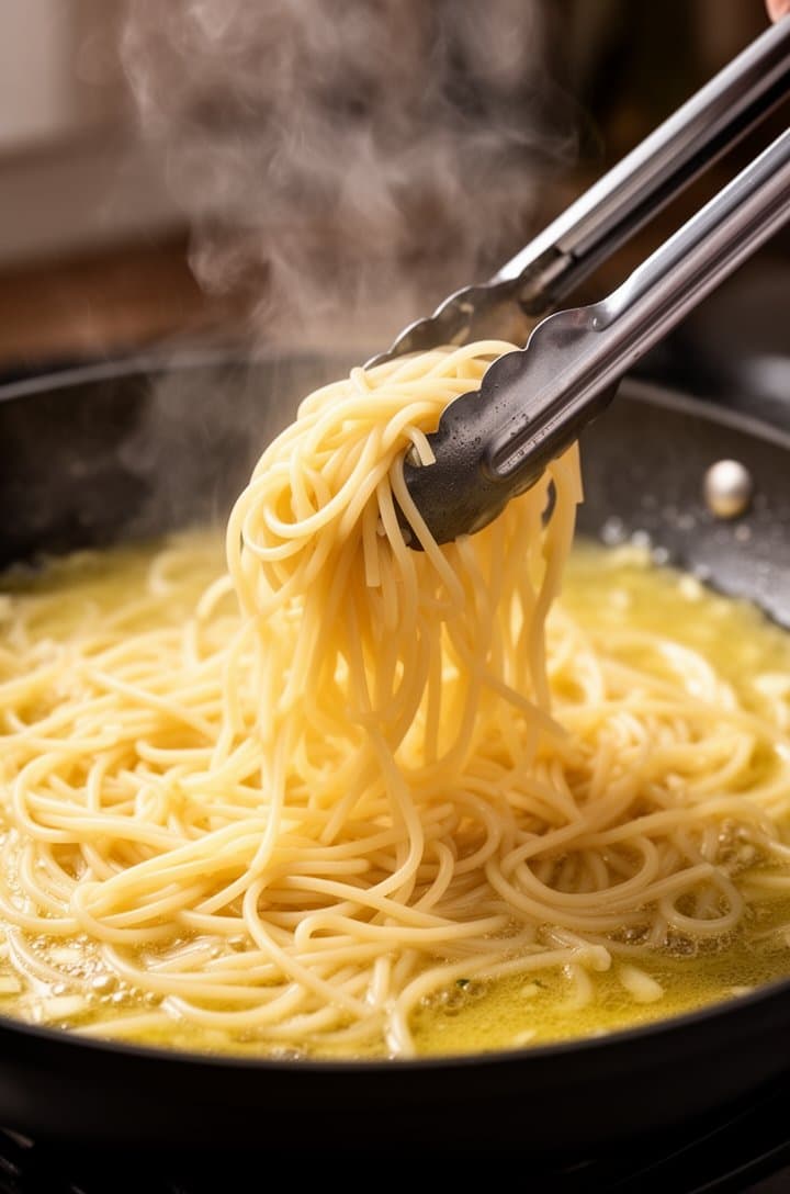 Side-angle action shot of hot drained spaghetti being added to the skillet of garlic butter using metal tongs, steam rising from the pasta, some strands already touching the golden butter below, the contrast of pale pasta against the dark pan, dynamic movement captured, warm kitchen lighting