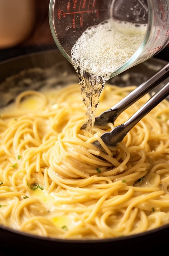 Close-up of tongs tossing spaghetti in the skillet as a splash of cloudy starchy pasta water is being poured in from a glass measuring cup, the sauce starting to emulsify and turn creamy and glossy around the pasta strands, glistening butter coating visible, shot from slightly above at a 30-degree angle, warm tones