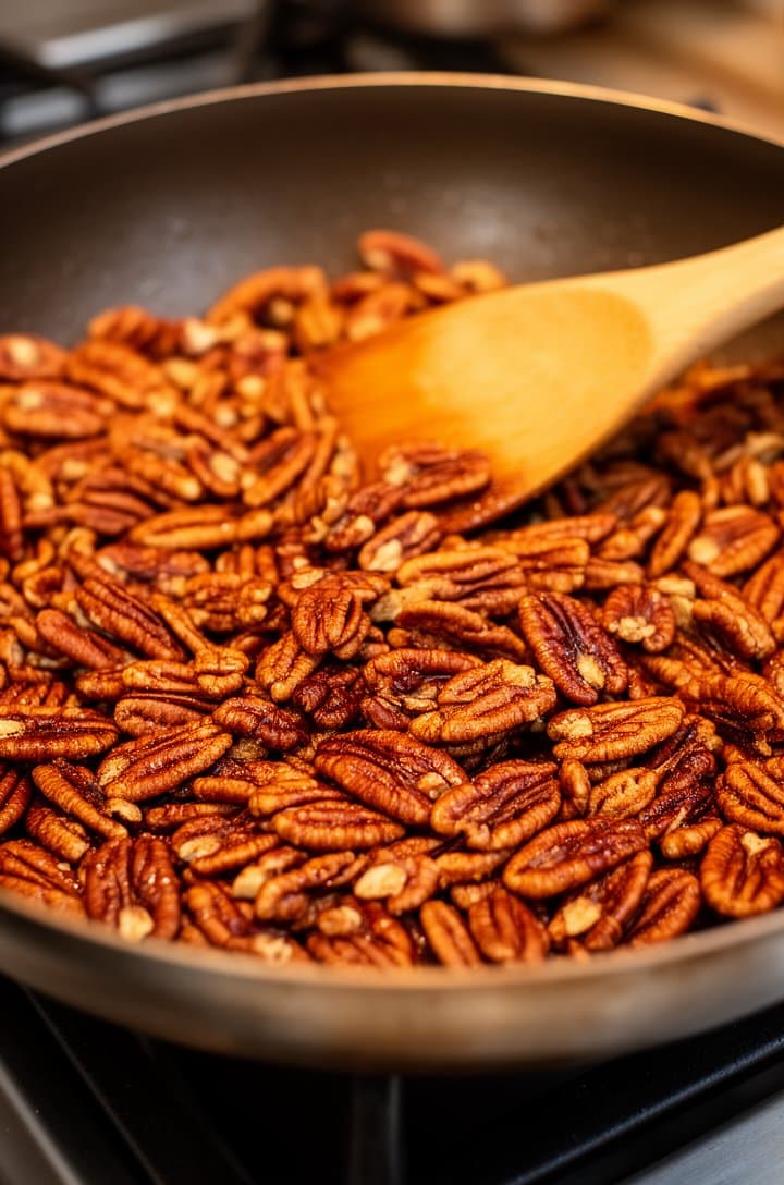 Close-up of toasted pecans in a dry medium skillet on the stovetop, the pecans golden brown and fragrant with some darker caramelized edges, a wooden spatula resting in the pan, warm overhead lighting, shallow depth of field focusing on the pecans in the center of the frame