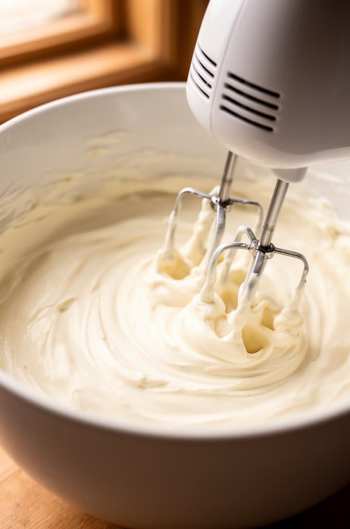 45-degree angle shot of the cream cheese dressing being beaten in a large white bowl with a hand mixer, the mixture completely smooth and creamy with no lumps, thick and glossy texture visible, warm natural side lighting from a kitchen window