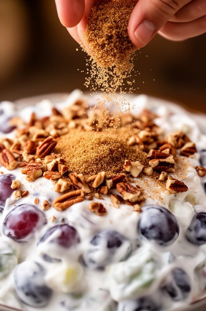 Close-up of brown sugar and chopped toasted pecans being sprinkled by hand over the top of the chilled grape salad, the brown sugar crumbles falling onto the white creamy surface, some pecans already settled on top, shallow depth of field, warm natural side lighting catching the sugar granules mid-air